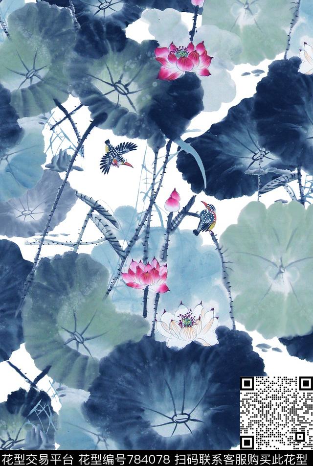 洋阳---花卉水墨荷花数码印花华亿平台下载（图片编号: 784078） - 瓦栏（Walan）