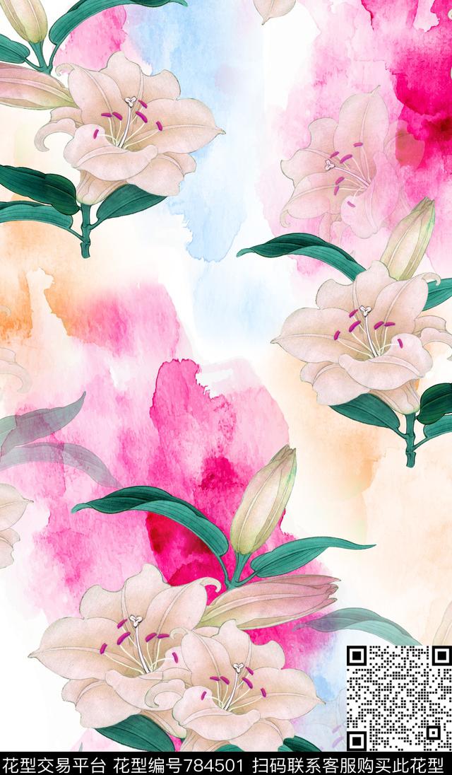 水彩百合花手绘花数码印花华亿平台下载（图片编号: 784501） - 瓦栏（Walan）