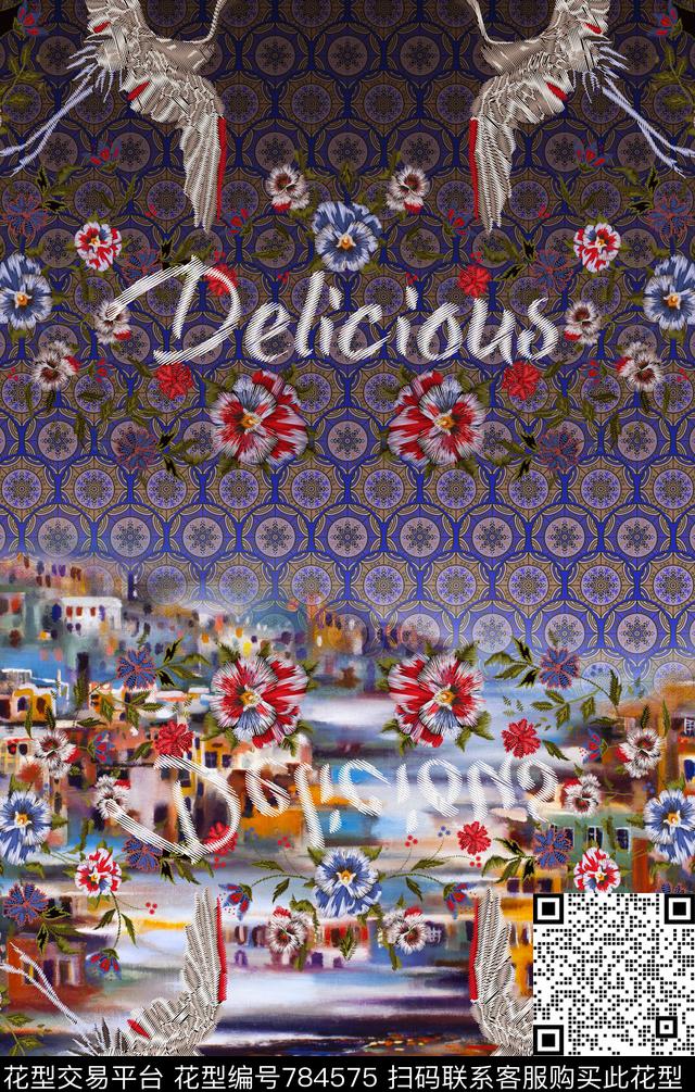 绣花仙鹤风景数码印花华亿平台下载（图片编号: 784575） - 瓦栏（Walan）