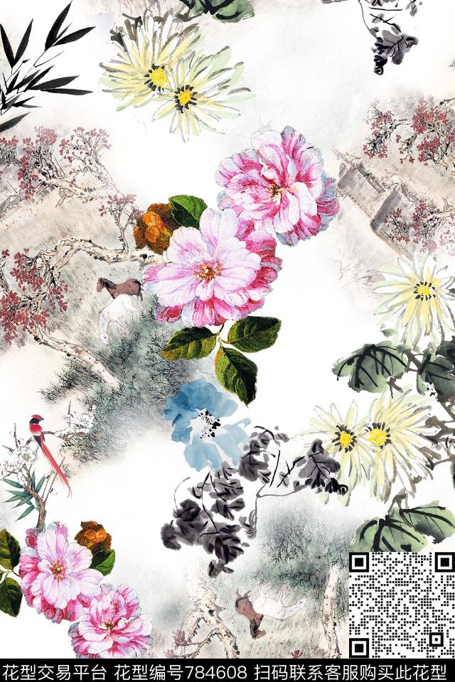 水墨花卉中国风数码印花华亿平台下载（图片编号: 784608） - 瓦栏（Walan）