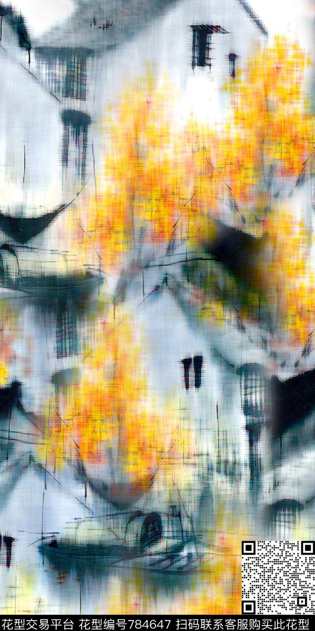 山水风景水墨数码印花数码印花华亿平台下载（图片编号: 784647） - 瓦栏（Walan）