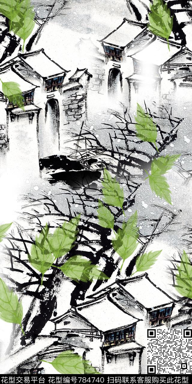 水墨风景手绘房子手绘树枝数码印花华亿平台下载（图片编号: 784740） - 瓦栏（Walan）
