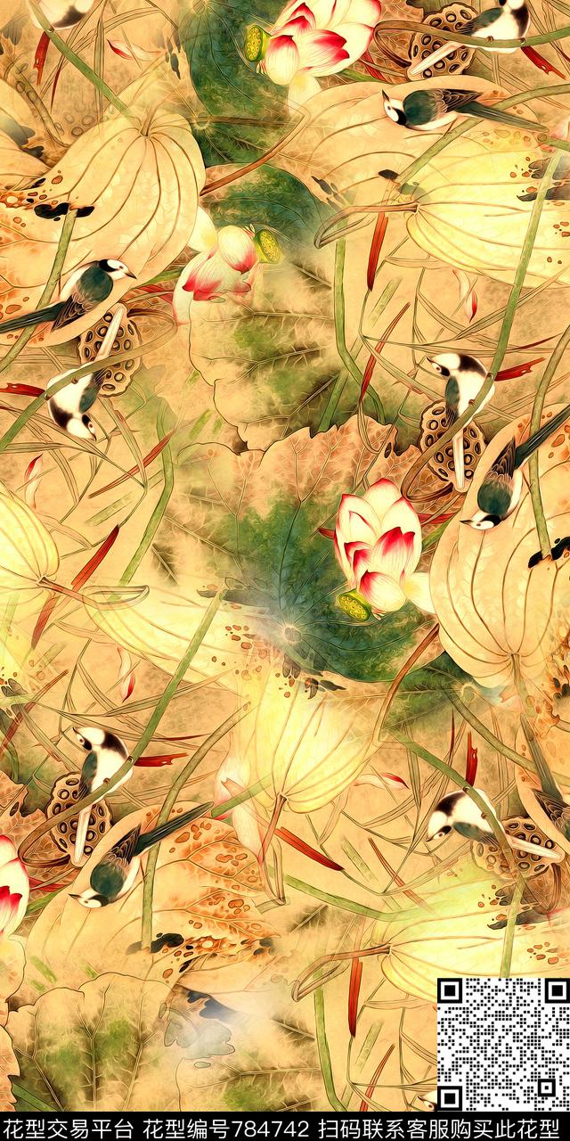 手绘荷花花鸟手绘荷叶数码印花华亿平台下载（图片编号: 784742） - 瓦栏（Walan）
