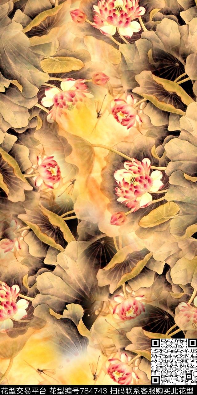 乱花手绘荷花手绘荷叶数码印花华亿平台下载（图片编号: 784743） - 瓦栏（Walan）