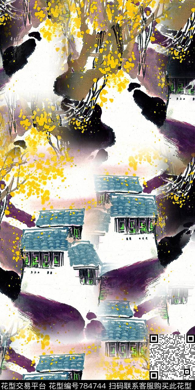 中国风抽象风景水彩房子数码印花华亿平台下载（图片编号: 784744） - 瓦栏（Walan）