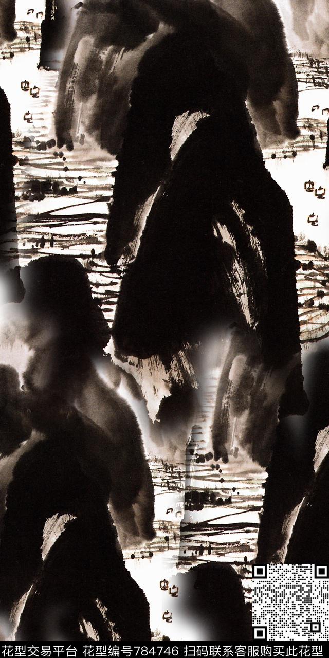 中国风水墨山水抽象数码印花华亿平台下载（图片编号: 784746） - 瓦栏（Walan）