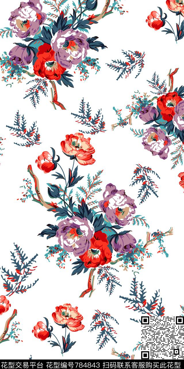 大花花朵花卉传统印花华亿平台下载（图片编号: 784843） - 瓦栏（Walan）