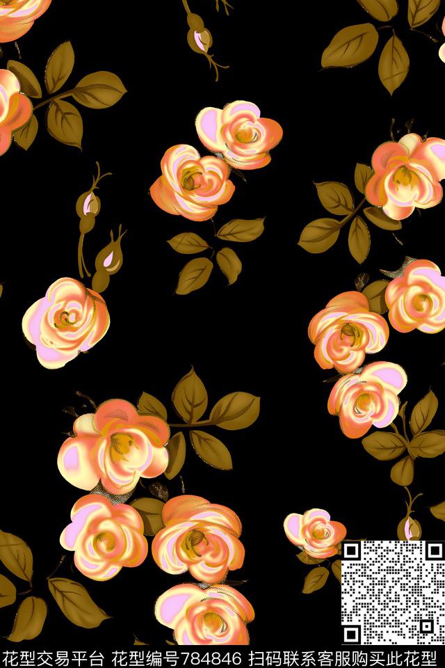 大花花朵花卉传统印花华亿平台下载（图片编号: 784846） - 瓦栏（Walan）