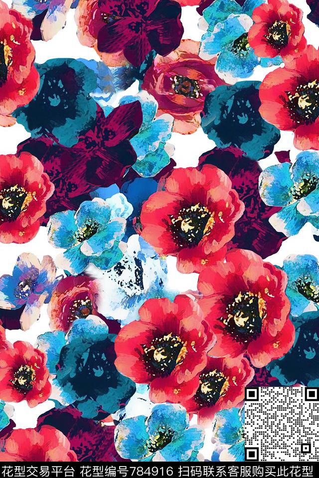 大花手绘水彩数码印花华亿平台下载（图片编号: 784916） - 瓦栏（Walan）