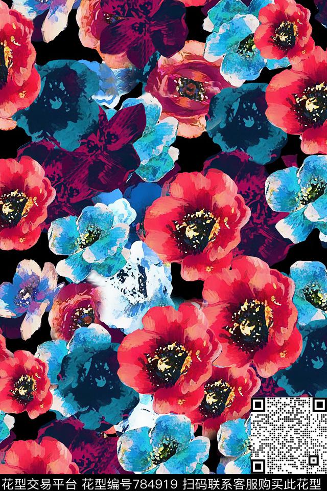 大花手绘水彩数码印花华亿平台下载（图片编号: 784919） - 瓦栏（Walan）