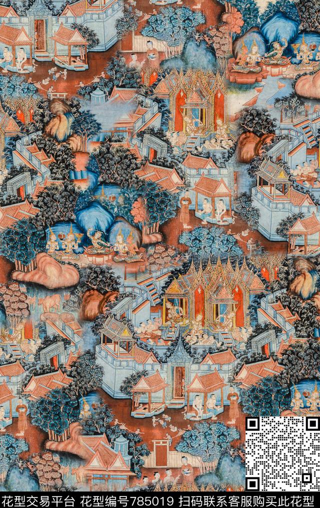 宫廷山水宫殿数码印花华亿平台下载（图片编号: 785019） - 瓦栏（Walan）