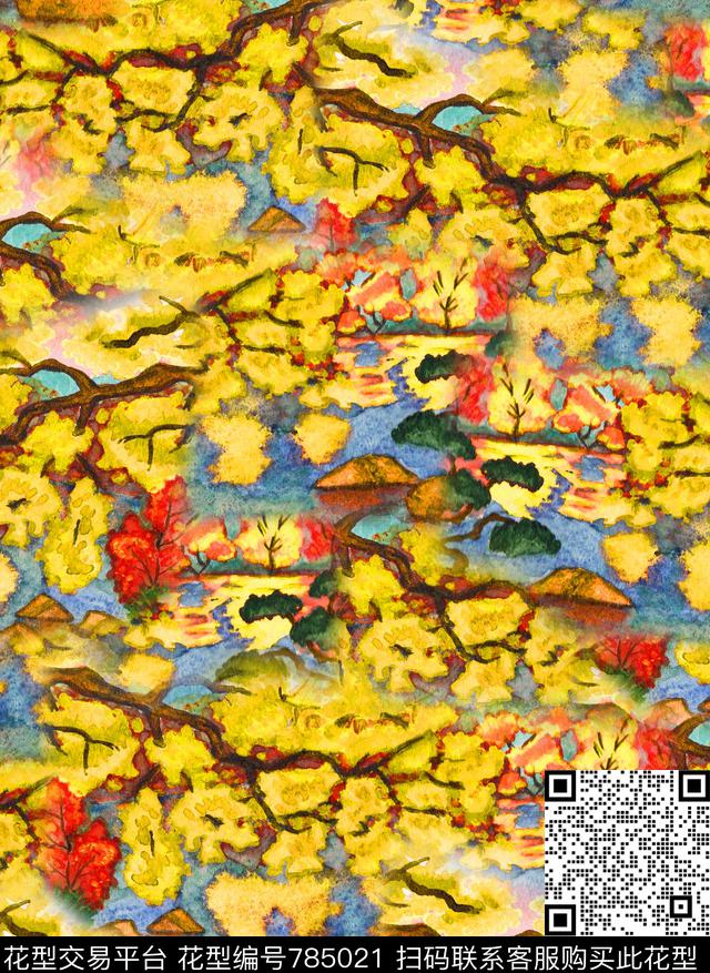 手绘枫树小桥数码印花华亿平台下载（图片编号: 785021） - 瓦栏（Walan）