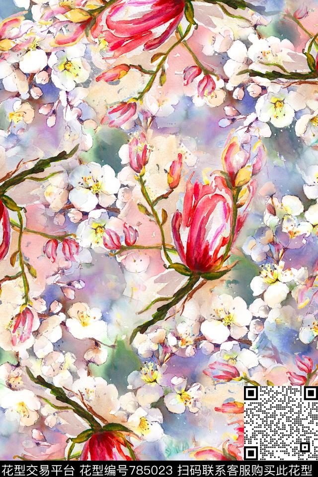 手绘桃花花卉数码印花华亿平台下载（图片编号: 785023） - 瓦栏（Walan）