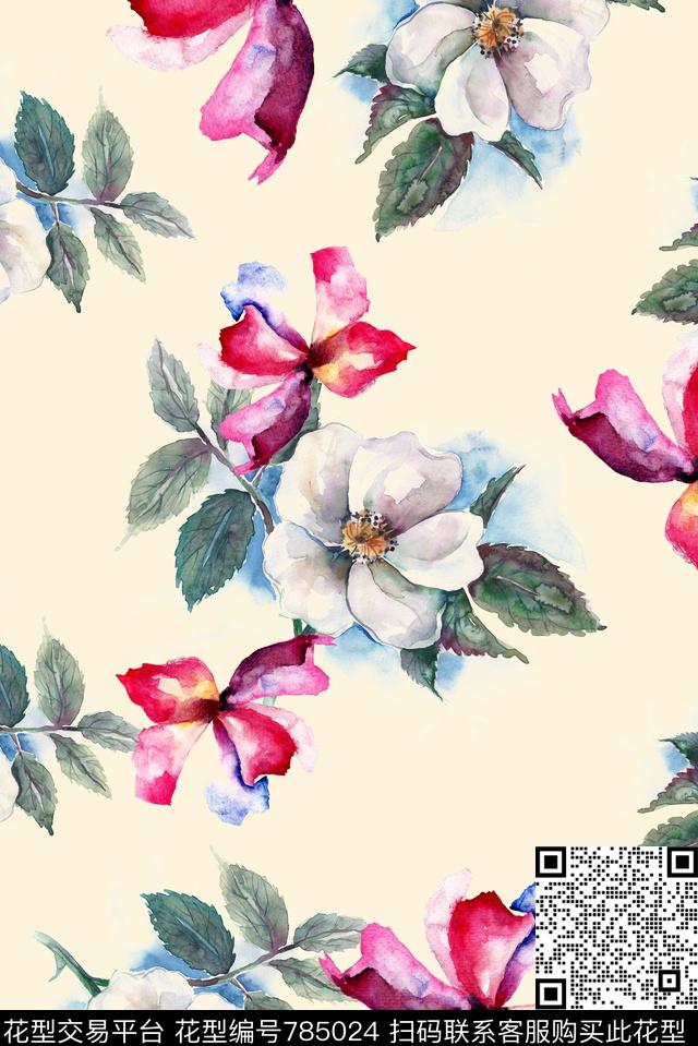 手绘绽放花卉数码印花华亿平台下载（图片编号: 785024） - 瓦栏（Walan）