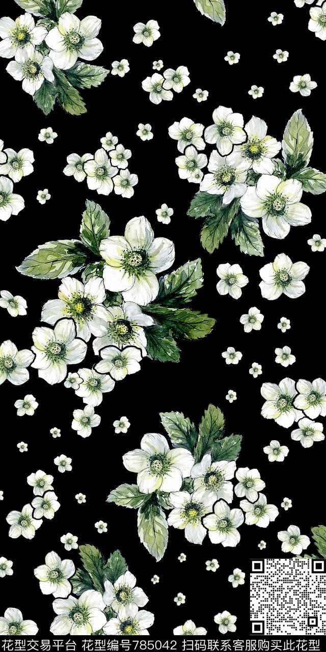 白花黑底花卉数码印花华亿平台下载（图片编号: 785042） - 瓦栏（Walan）
