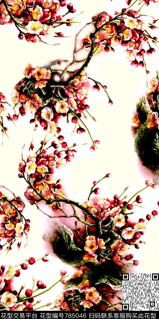 梅花水墨中国风数码印花华亿平台下载（图片编号: 785046） - 瓦栏（Walan）