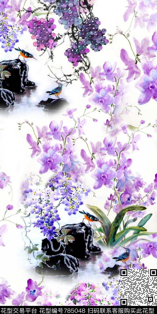 水墨花卉鸟数码印花华亿平台下载（图片编号: 785048） - 瓦栏（Walan）