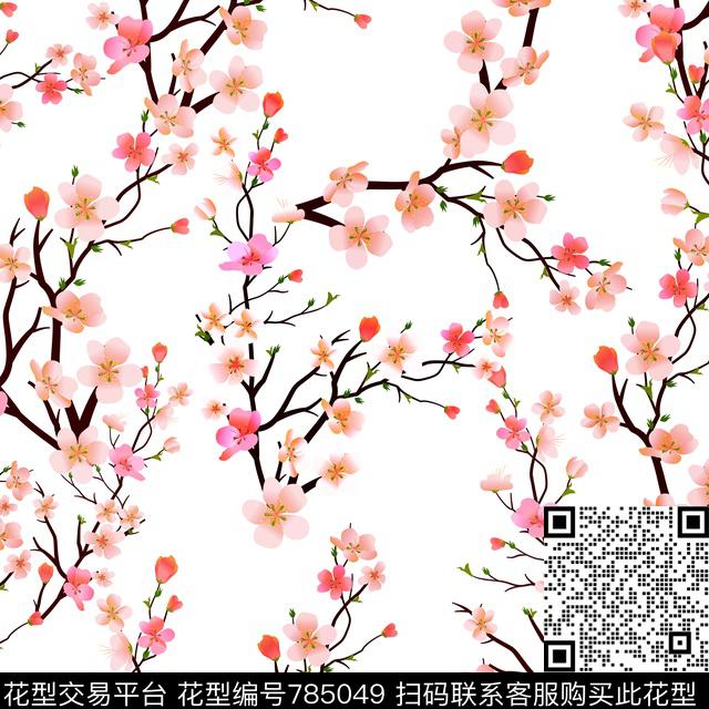 花卉白底花束数码印花华亿平台下载（图片编号: 785049） - 瓦栏（Walan）