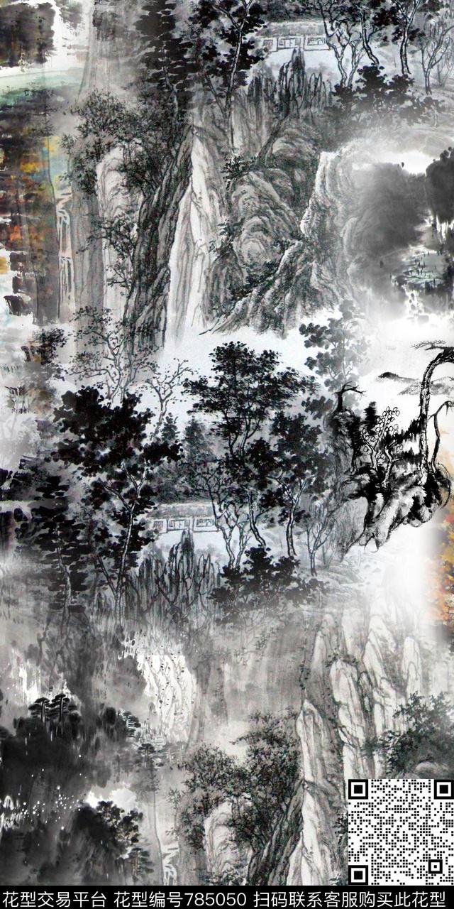 风景中国风水墨数码印花华亿平台下载（图片编号: 785050） - 瓦栏（Walan）