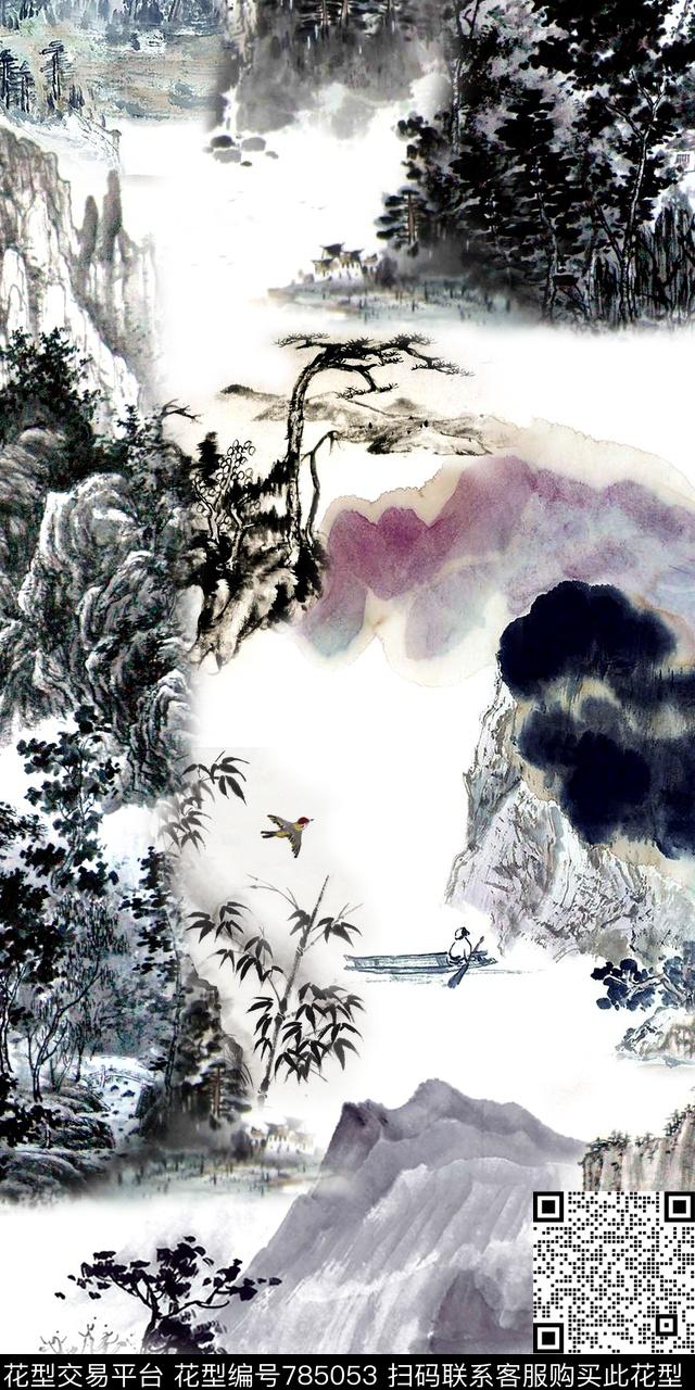 水墨风景中国风数码印花华亿平台下载（图片编号: 785053） - 瓦栏（Walan）