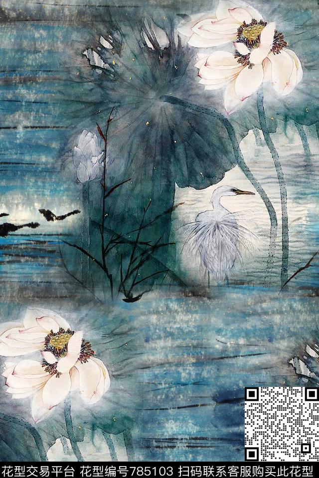 花卉荷花水墨。数码印花华亿平台下载（图片编号: 785103） - 瓦栏（Walan）