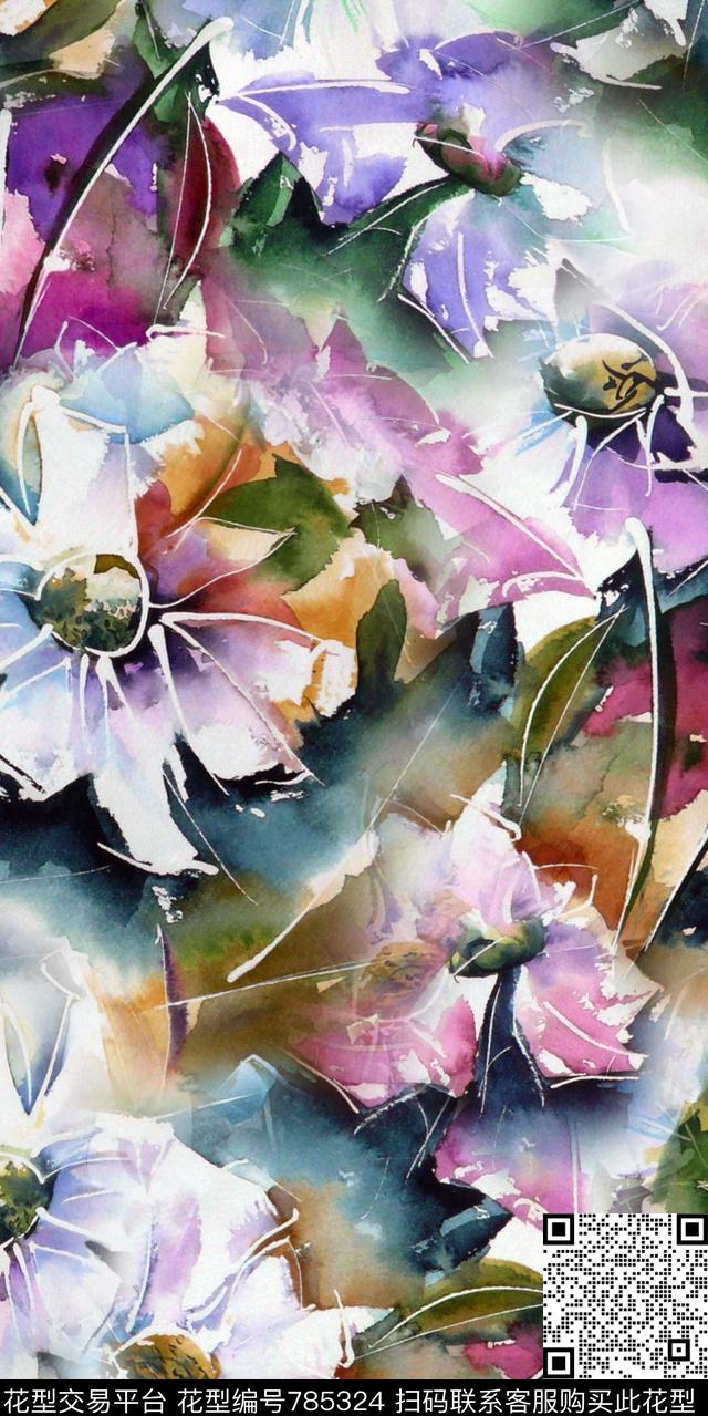 花朵花卉水彩数码印花华亿平台下载（图片编号: 785324） - 瓦栏（Walan）