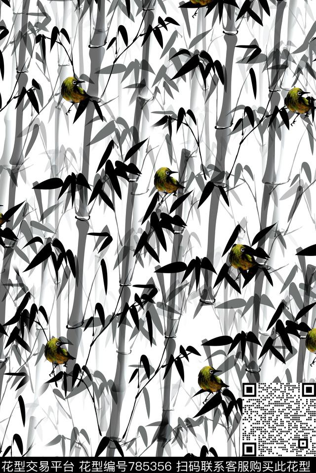 竹叶花中国风女装数码印花华亿平台下载（图片编号: 785356） - 瓦栏（Walan）