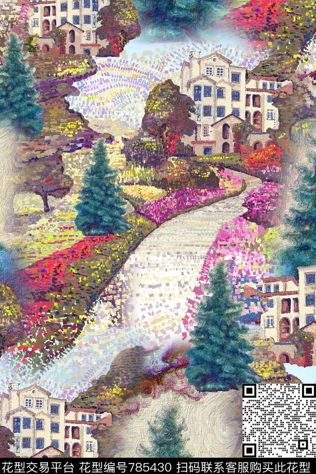 油画风景房屋数码印花华亿平台下载（图片编号: 785430） - 瓦栏（Walan）