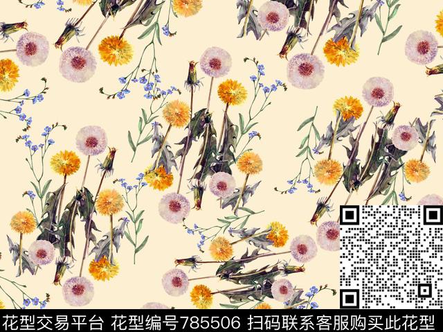 手绘蒲公英花卉数码印花华亿平台下载（图片编号: 785506） - 瓦栏（Walan）