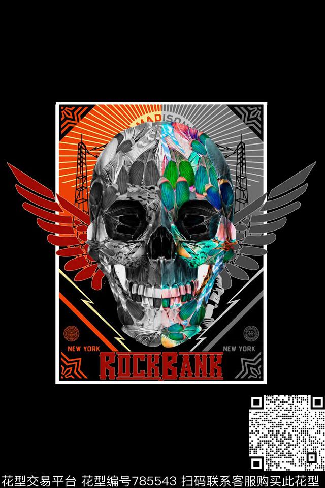 炫彩骷髅头17年流行男装T恤数码印花华亿平台下载（图片编号: 785543） - 瓦栏（Walan）
