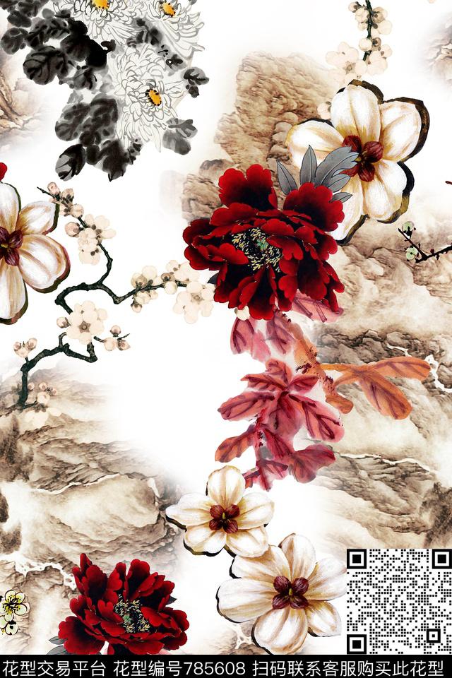 中国风牡丹山水数码印花华亿平台下载（图片编号: 785608） - 瓦栏（Walan）