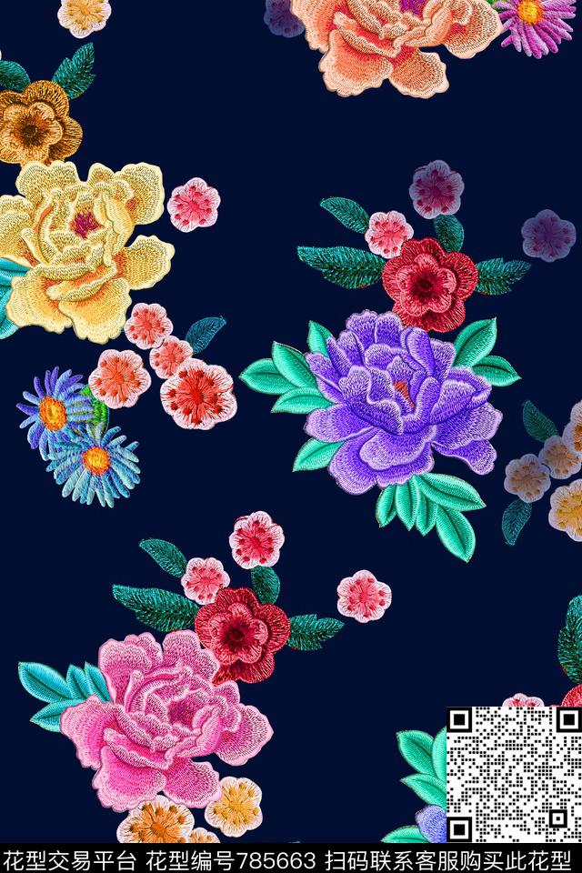 花朵花卉绣花数码印花华亿平台下载（图片编号: 785663） - 瓦栏（Walan）