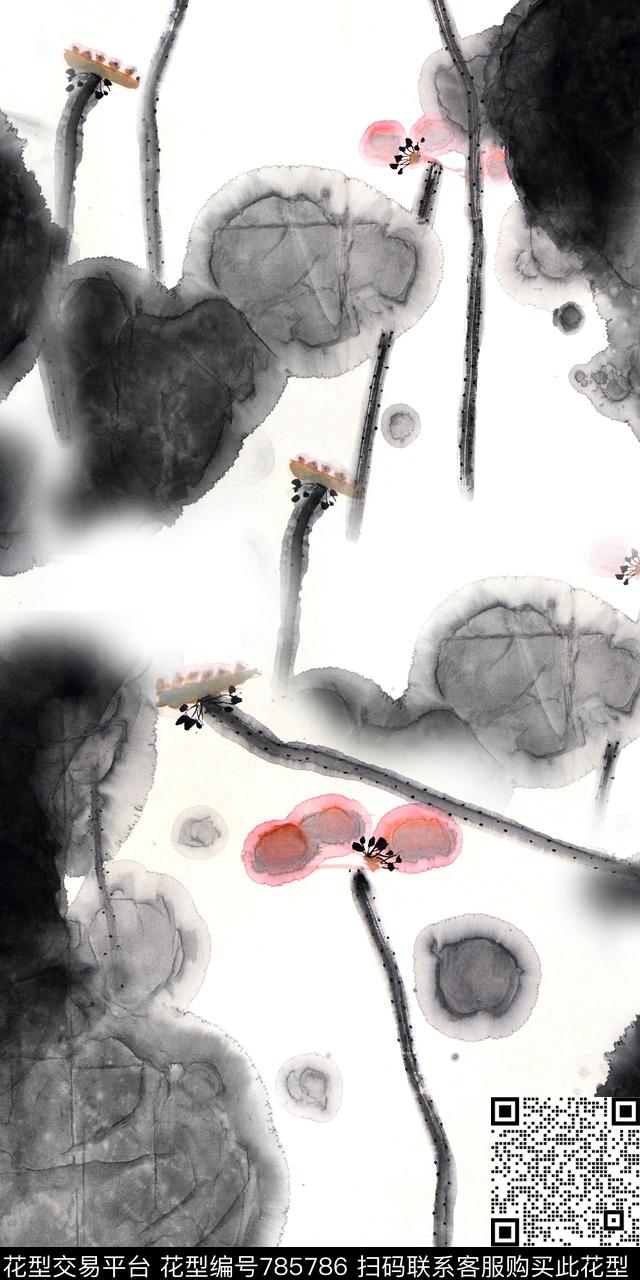 水墨手绘叶子手绘荷花数码印花华亿平台下载（图片编号: 785786） - 瓦栏（Walan）