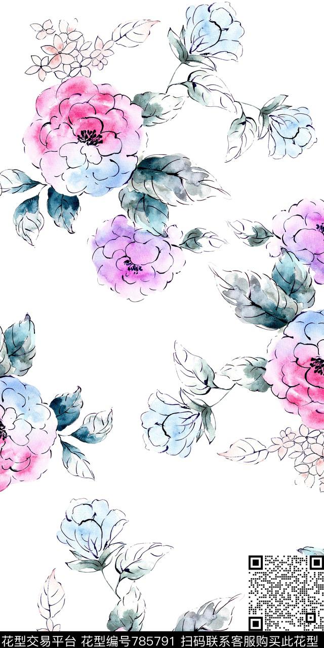 小碎花牡丹手绘花卉数码印花华亿平台下载（图片编号: 785791） - 瓦栏（Walan）