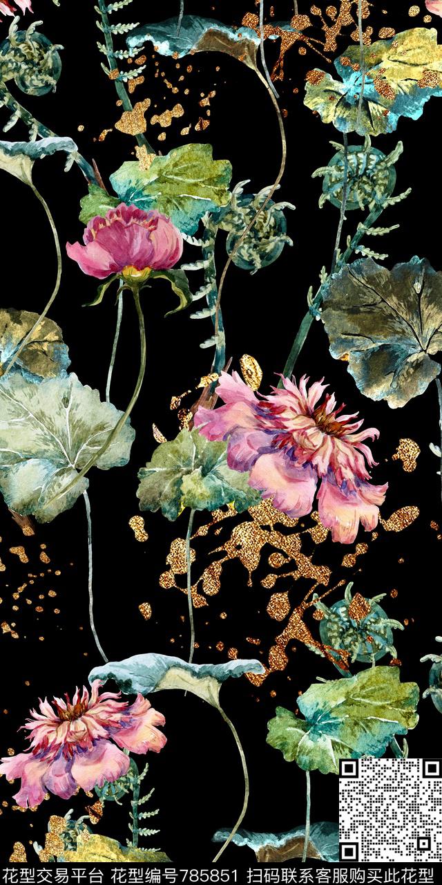 植物手绘喷溅数码印花华亿平台下载（图片编号: 785851） - 瓦栏（Walan）