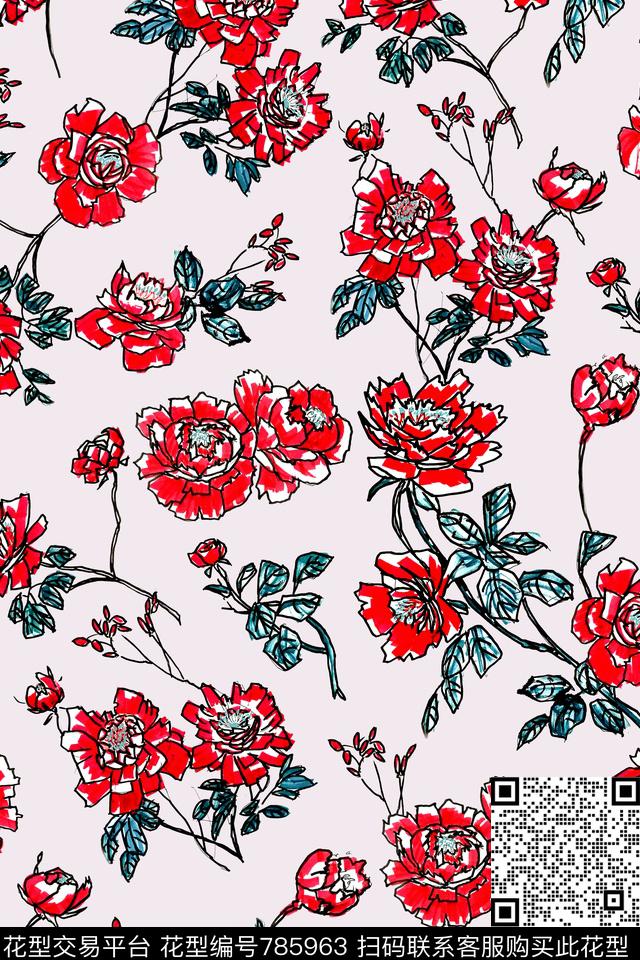 线条花卉粗线条传统印花华亿平台下载（图片编号: 785963） - 瓦栏（Walan）