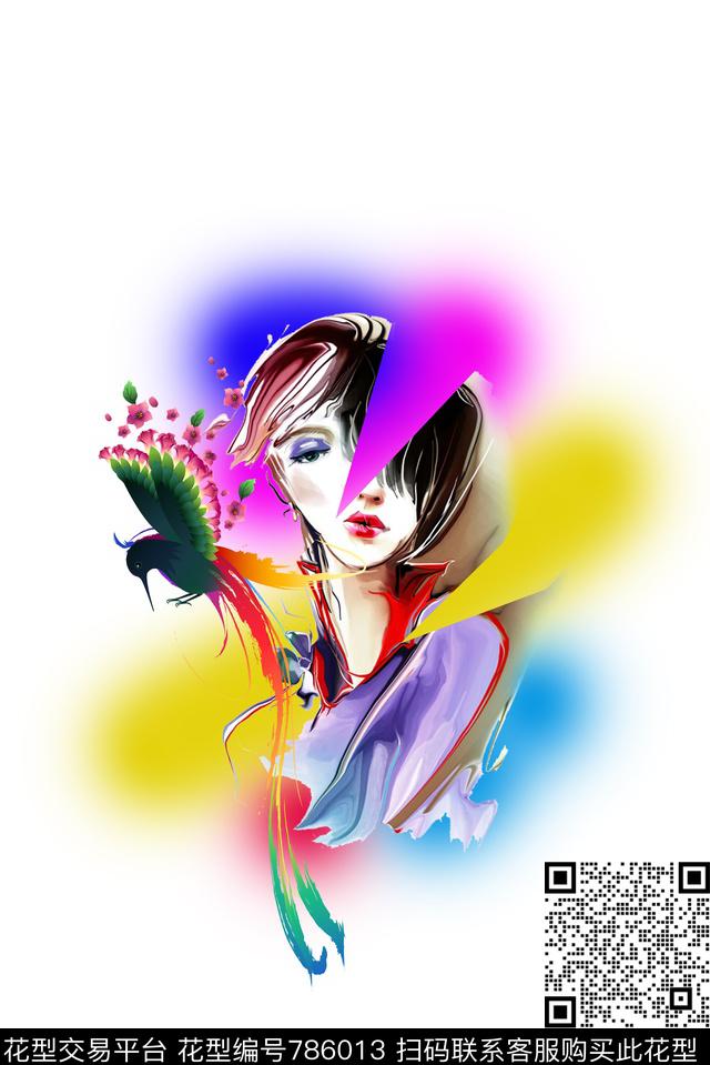 彩色鸟彩虹人女装花数码印花华亿平台下载（图片编号: 786013） - 瓦栏（Walan）