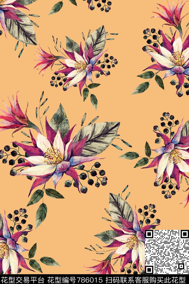 手绘大朵花卉数码印花华亿平台下载（图片编号: 786015） - 瓦栏（Walan）