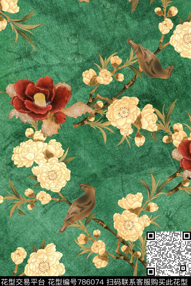 工笔花卉中国风朦胧底纹数码印花华亿平台下载（图片编号: 786074） - 瓦栏（Walan）