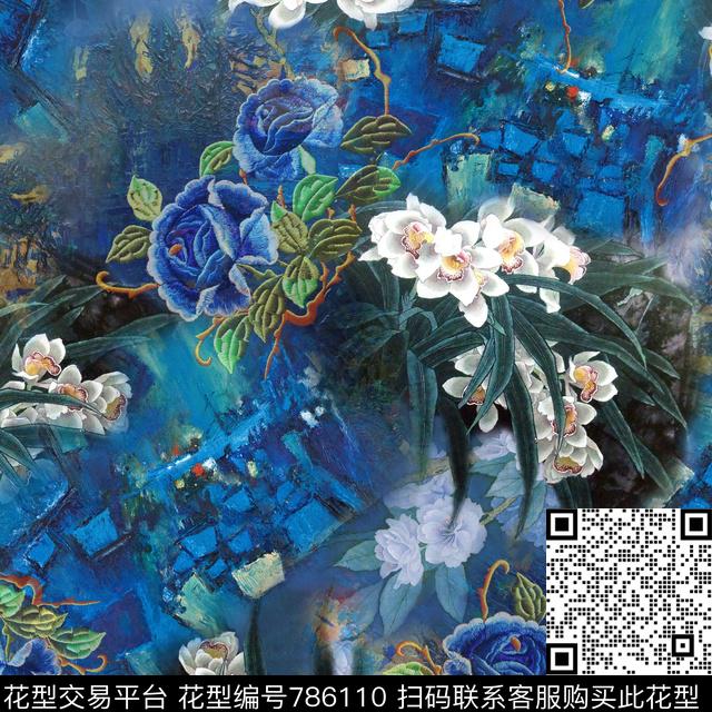 中国风手绘花卉数码印花华亿平台下载（图片编号: 786110） - 瓦栏（Walan）