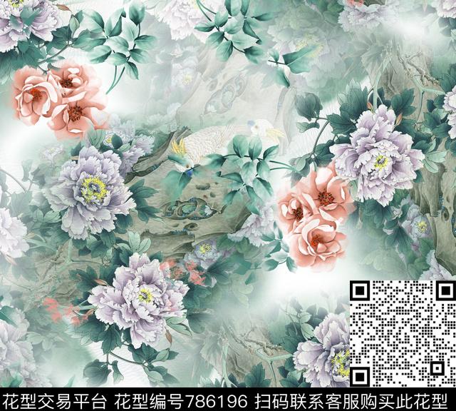 花卉牡丹工笔画数码印花华亿平台下载（图片编号: 786196） - 瓦栏（Walan）
