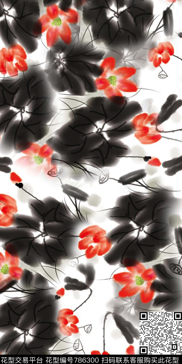 花卉水墨荷花数码印花数码印花华亿平台下载（图片编号: 786300） - 瓦栏（Walan）