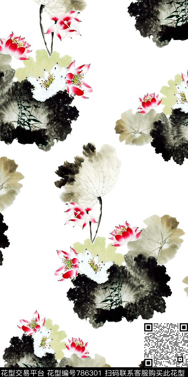 水墨荷花花卉数码印花数码印花华亿平台下载（图片编号: 786301） - 瓦栏（Walan）