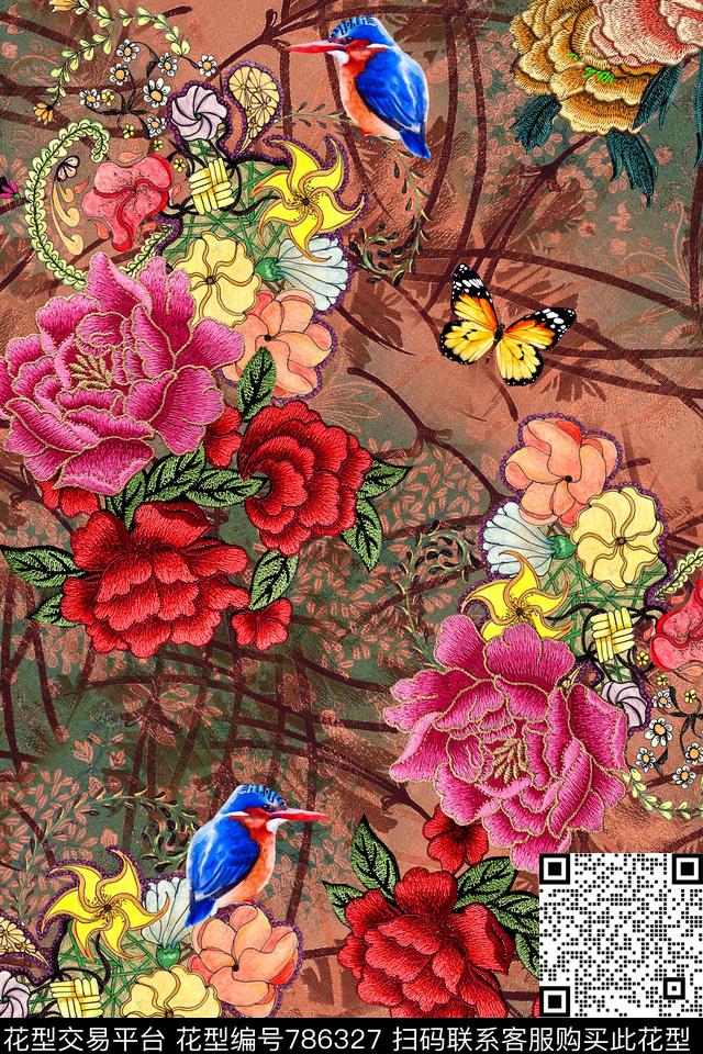 时尚绣花花卉数码印花华亿平台下载（图片编号: 786327） - 瓦栏（Walan）