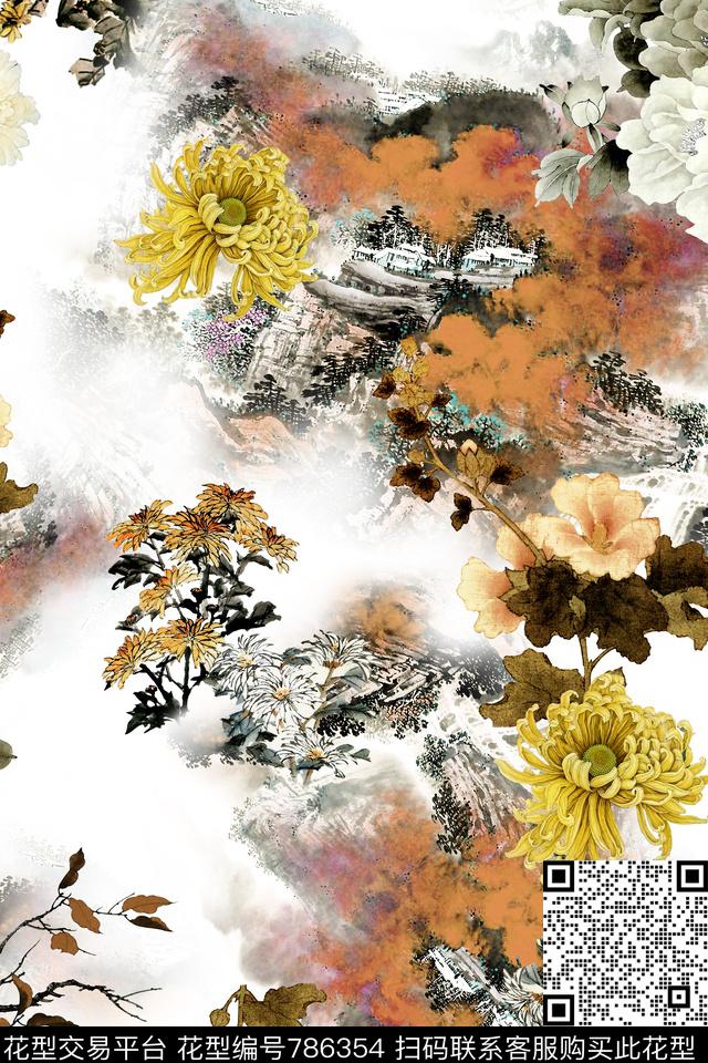 山水中国风菊花数码印花华亿平台下载（图片编号: 786354） - 瓦栏（Walan）