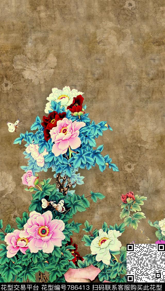 中国风花卉牡丹数码印花华亿平台下载（图片编号: 786413） - 瓦栏（Walan）