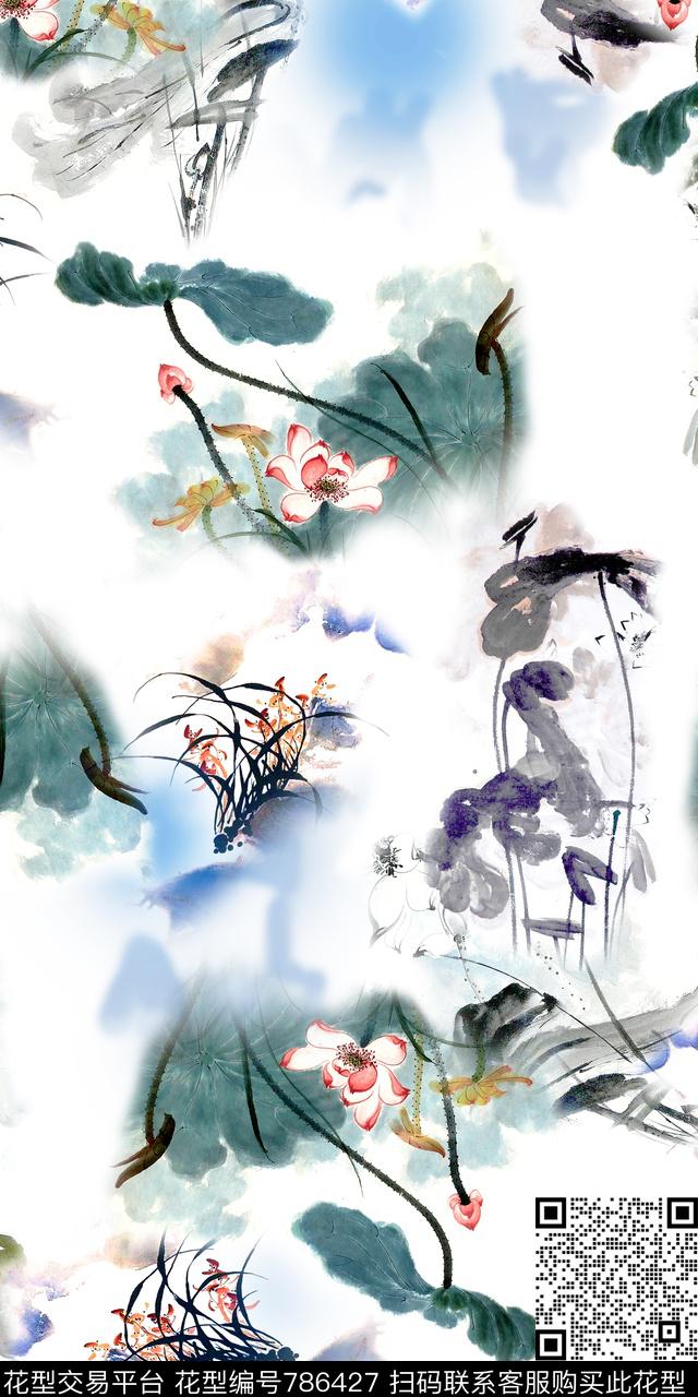 桃花荷花水墨风数码印花华亿平台下载（图片编号: 786427） - 瓦栏（Walan）