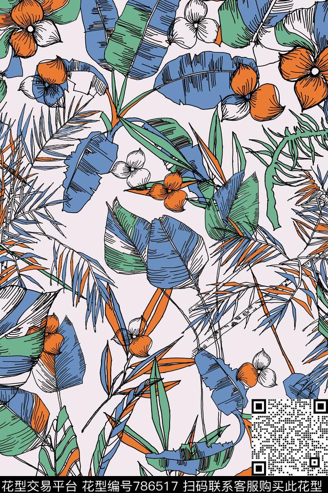 热带树叶线条传统印花华亿平台下载（图片编号: 786517） - 瓦栏（Walan）
