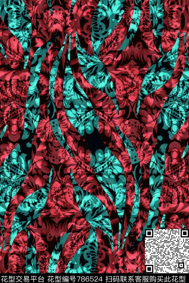 曲线波浪条纹横条传统印花华亿平台下载（图片编号: 786524） - 瓦栏（Walan）