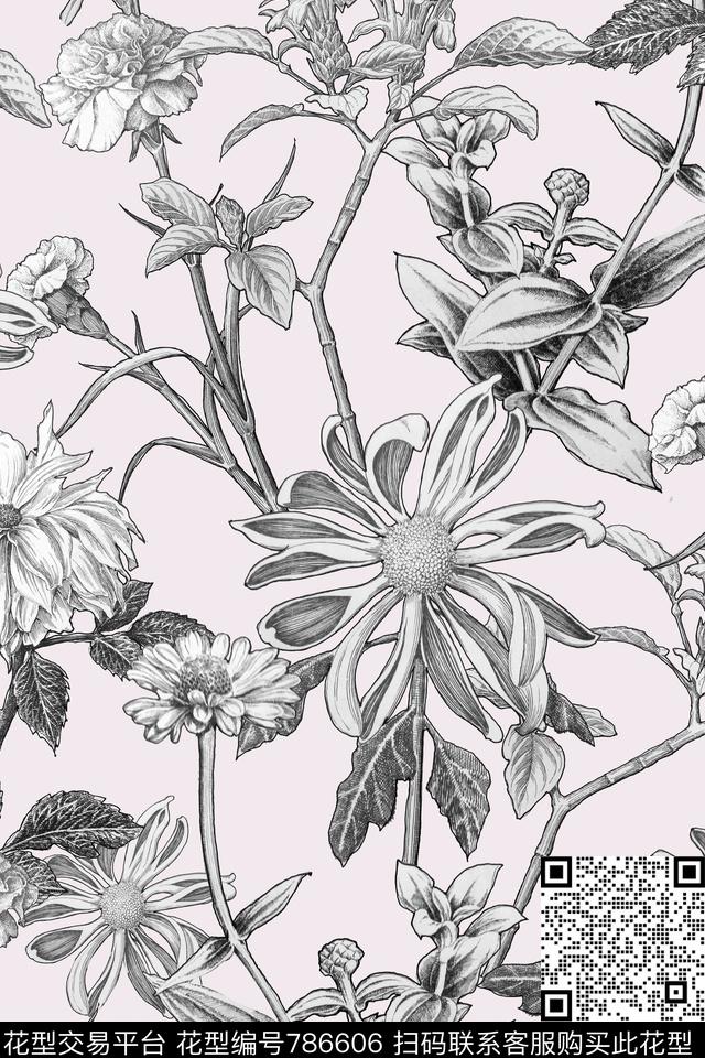 黑白线条热带传统印花华亿平台下载（图片编号: 786606） - 瓦栏（Walan）